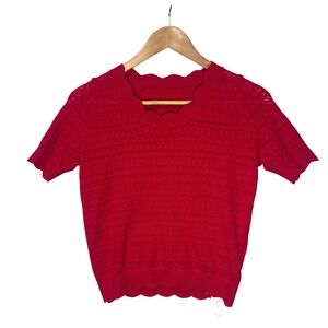 Knit Mix Red Pointelle Short Sleeve Scalloped Lightweight Sweater Top Women S